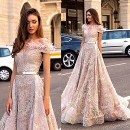 Oksana Mukha Chic Prom Dresses A Line Lace Feathers Illusion Bodice Formal Evening Gowns Ruffles Sweep Train Special Occasion Dresses