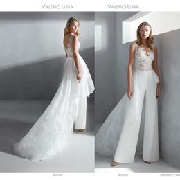 Beautiful Valerio Luna Jumpsuit Wedding Dresses V Neck Sleeveless Backless Lace Applique Wedding Gowns Sweep Train robe de mariée