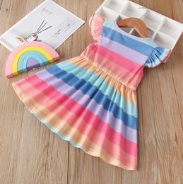 Toddler Girls Dress Rainbow Striped Girl Dresses Fly Sleeve Children Sundress Boutique Princess Costume Summer Kids Clothing DW5288