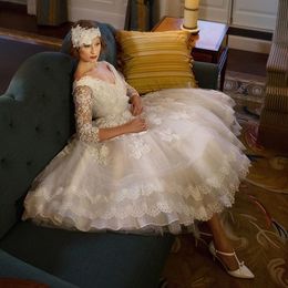 tulle tea length wedding dress UK - Romantic Vintage Lace Wedding Dresses 3 4 Long Sleeves Tea-length Brides Gown V-Neck