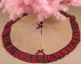Christmas Tree Skirts Bowknot Patchwork Home Pad Red Lattices Linen Ornament Festival Supplies Decoration Hot Sale SN2824