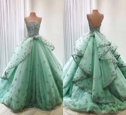 Mint Princess Lace Ball Gown Quinceanera Dresses Spaghetti Straps Sweep Train Sweet 16 Dress Prom Pageant Dresses vestidos de quinceañera