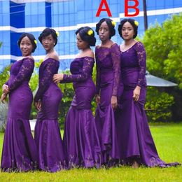New Purple Mermaid Bridesmaid Dresses Long For Weddings Off Shoulder Bateau Lace Appliques Sweep Train Plus Size Maid Of Honor Gowns