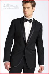 New Custom Made One Button Black Groom Tuxedos Peak Lapel Best Man Groomsmen Men Wedding Suits Bridegroom (Jacket+Pants+Girdle+Bow Tie) 1497