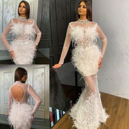 Vlora Kaltrina Prom Dresses 2020 High Collar Lace Beads Feather Mermaid Evening Gowns Hollow Back Floor Length Special Occasion Dress