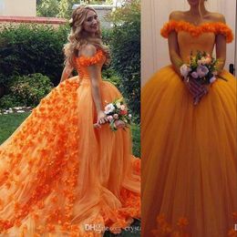 New Sexy Orange Quinceanera Dresses Ball Gown Tulle Off Shoulder With 3D Flowers Sweet 16 Sweep Train Plus Size Party Prom Evening Gowns