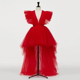 2020 Nova Imagem Vermelha Quente Vermelho Alto Baixo Tule Prom Vestidos Profundos V-Decote Long Tutu Vestidos de Avisos Ruffles Formal Party Vestidos 2020