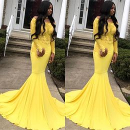 2019 pattern african mermaid prom dresses yellow lace appliqued chiffon off the shoulder long sleeve black girls night dress evening gown