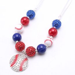 Newest baby chunky bubblegum beads necklace with rhinestone baseball pendant for kids girls adjustable rope Jewellery diy