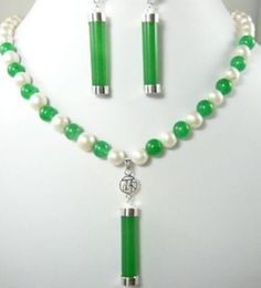 Jewellery charm green/purple jade-white pearl necklace +jade pendant earring set18K gold plated watch