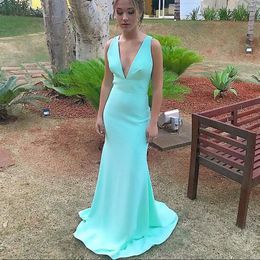 Mermaid Evening Dresses Long 2020 V-neck Backless Prom Gowns Formal Sweep Train Turquoise Vestidos De Fiesta