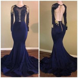 African Navy Blue Jewel Neck Backless Mermaid Prom Dresses 2022 Long Sleeves Beaded Gold Lace Applique See Though Evening Gowns