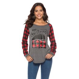 Women Plaid Scotland T-Shirt Long Sleeve Patchwork print Shirts Casual Tops Tees Merry Christmas letter O-neck Blouses Blusas LJJA3013