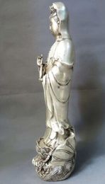 17" China silver carved buddhism lotus flower KWAN-YIN buddha Guanyin
