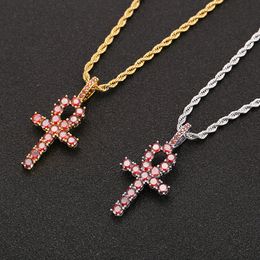 Iced Zircon Red Ankh Cross Pendant Gold Silver Copper CZ Egyptian Key of Life Pendant Necklace Men Women HipHop Jewellery