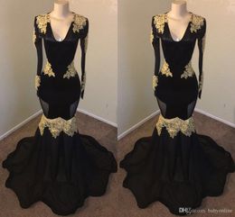 2022 New Elegant Evening Formal Dress Gold Appliques Black Mermaid Prom Dresses Long Sleeve V Neck Party Dress Custom Made