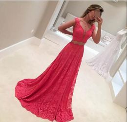 cap sleeves lace dress NZ - Cheap Prom Dress Evening Gowns Custom Size Cap Sleeve V-Neck Long Lace Dress for graduation 2 Pieces Prom Dresses 2019