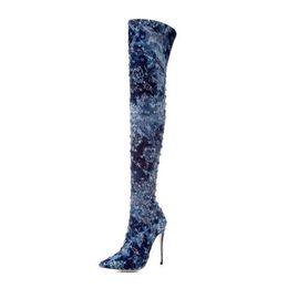 Designer-ke high heels winter women Thigh-High Boots women shoes slip on botas party shoes Cowboy Boots