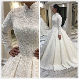 2019 Árabe Muslim Lace Beaded Wedding Vestidos Neck de Alto Manga Longa Vestidos Noiva Vintage Sexy Wedding Vestidos ZJ521
