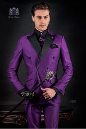 Purple Groom Tuxedos Black Peak Lapel Groomsman Wedding 2 Piece Suit Fashion Men Prom Party Jacket Blazer(Jacket+Pants+Tie) 2586