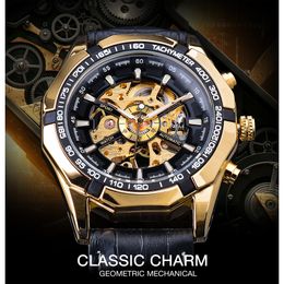 Forsining Waterproof Golden Black Skeleton Clock Two Button Decoration Mechanical Wrist Watches for Men Black Genuine Leather264L