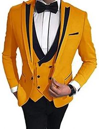 Fashion Yellow Groom Tuxedos Peak Lapel Groomsmen Mens Wedding Dress Excellent Man Jacket Blazer 3 Piece Suit(Jacket+Pants+Vest+Tie)81