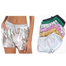 Summer Casual Pockets Shorts Shiny Metallic Women Hot Shorts Elastic Drawstring Short Pants Sexy Dancing Party All-match Bottoms