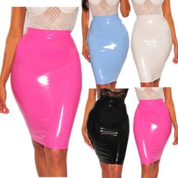 Fashion Bright Candy Colour PU Leather Skirt Sexy Slim Hip Short Skirt Women Bodycon Bottoms High Waist Pencil Knee Length Skirt