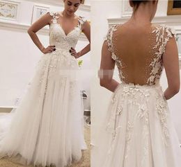 2020 Modest A Line Wedding Dresses Sexy Illusion Back Lace Applique Beaded Tulle Custom Made Country Wedding Bridal Gown Plus Size