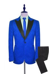 Newest Men Suits Royal Blue Pattern with Black Groom Tuxedos Peak Satin Lapel Groomsmen Wedding Best Man 2 Pieces ( Jacket+Pants+Tie ) L495