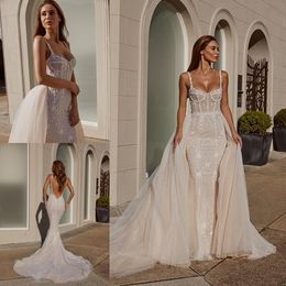 Pallas Couture Mermaid Overskirts Wedding Dresses With Detachable Train Lace Applique Beads Bridal Gowns Backless Country Wedding Dress