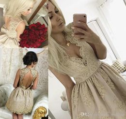 2019 Cheap Champagne Lace Short Homecoming Dress A Line Keyhole Juniors Sweet 15 Graduation Cocktail Party Dress Plus Size Custom Made