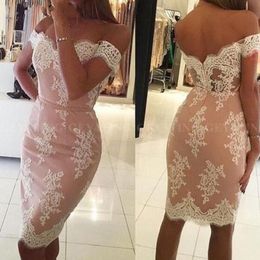 Hot Blush Pink With White Lace Party Prom Dresses Sheath 2022 With Sleeves Off The Shoulder Short Cocktail Party Evening Elegant Formal Dres