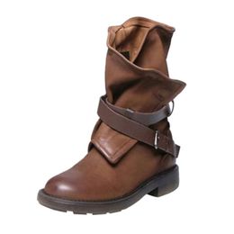Fashion Medium Military Boots Women Buckle Artificial Leather Patchwork Shoes sapatos mulheres conforto#a35