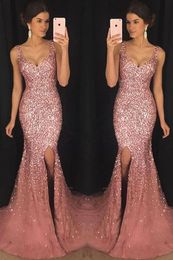 Amazing New Mermaid Prom Dresses 2020 Sexy V Neck Spaghetti Strap Crystal Sequin Tulle High Slit Evening Gowns Vestido de festa