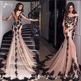 Glamorous Mermaid Long Sleeves Black Lace Illusion Evening Dress Women Formal Party Wear Maxi Gowns with Train Prom Wear Long Dress Custom