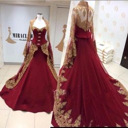 Gorgeous Gold Lace Appliqued Burgundy Evening Dresses With Long sleeves Middle East Dubai Arabic High Neck Prom Dresses VestidosBC0573