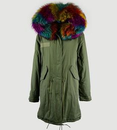 Beauitful Meifeng brand multicolour rabbit fur lining army green canvas long parkas women snow coats Lavish Rainbow raccoon fur trim parka