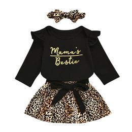 Baby Girls Dress Suits Infant Letter Ruffler Romper Tops + Bow Lace Leopard Skirts + Leopard Headbands 3pcs/set Toddler Casual Outfit M1301