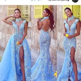 Chic Mermaid Long Prom Pageant Dresses Light Sky Blue Lace Appliques High Neck Special Occasion Wear Sexy High Side Split Formal Evening Gowns Detachable Skirts
