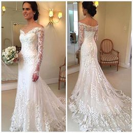 2024 New Cheap Mermaid Wedding Dresses Off Shoulder Full Lace Applique V Neck Long Sleeve Illusion Plus Size Court Train Custom Bridal Gowns 403
