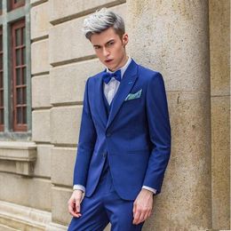 Royal Blue Groom Tuxedos Peak Lapel Groomsman Wedding 3 Piece Suit Fashion Men Business Prom Party Jacket Blazer(Jacket+Pants+Tie+Vest) 2606