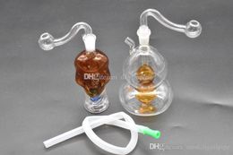 2pcs Mini glass oil burner Bong Bubbler Pipes Gourd skull Recycler Oil Rigs with 10mm male glass oil burner pipes and Hose