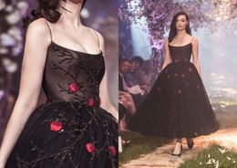 Paolo Sebastian 2020 New Evening Dresses Black Beaded Spaghetti Straps Prom Gowns with Red Flowers Ankle-Length Special Occasion Dress 2083