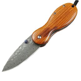 Factory Price 2 Style EDC Pocket Folding Knife Damascus Steel Blade Ebony/Rosewood handle With Leather Sheath