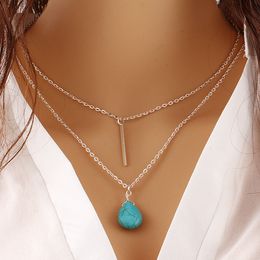 Wholesale Bohemia Turquoise Double Layer Chain Heart Pendant Necklace Punk Classic Necklaces Fashion Jewellery Women