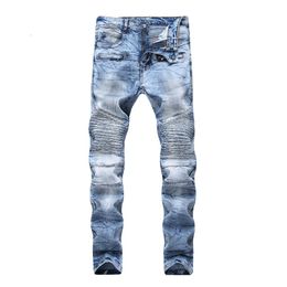 Hot sale men's ripped creased jeans designer long slim pants with holes scratched solid mid rise trousers free shipping