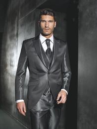 Fashion Shiny Dark Grey Groom Tuxedos Peak Lapel Groomsmen Mens Wedding Dress Excellent Man Jacket Blazer Suit(Jacket+Pants+Vest+Tie) 961