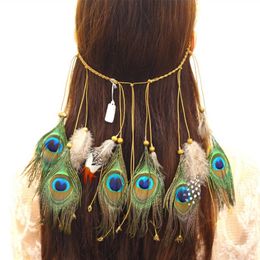 Boheemse pauwenveer haarband mode hippie haar sieraden nationale wind hoofdband vrouwen hoofd accessoire 3 kleuren groothandel