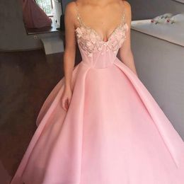 2019 pink Sweetheart Spaghetti Straps Floor Length Prom Dresses A Line Open Back Evening Formal Party Dress with Flowers Vestido De Fiesta